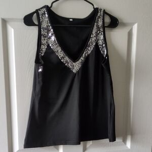 Black Sequin V-Neck Tank Top